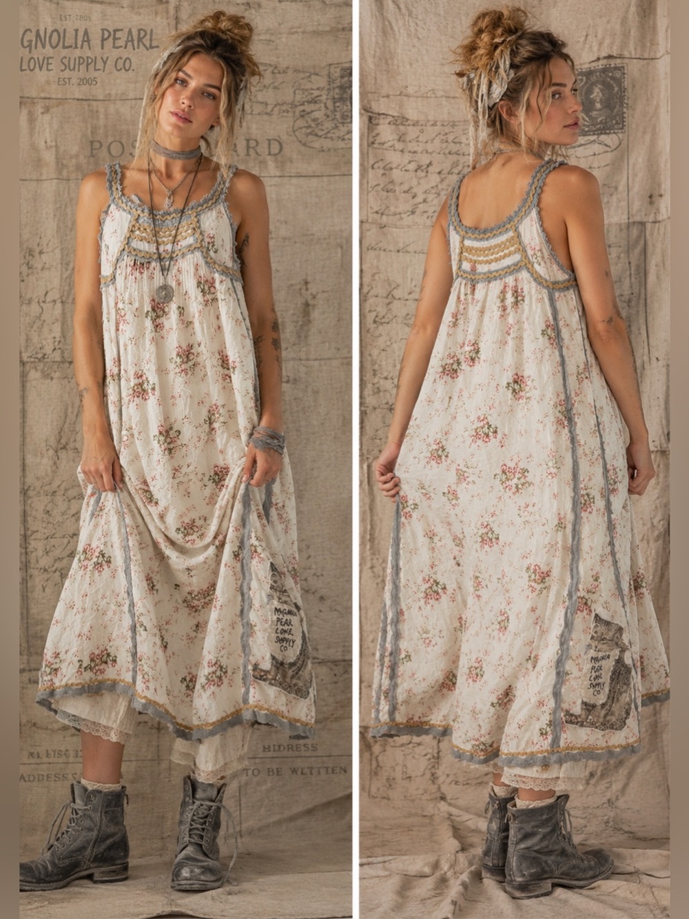 Magnolia Pearl FLORAL CLEMENTINE SLIP 143 in Postcards Kitten Appliqué Dress OS